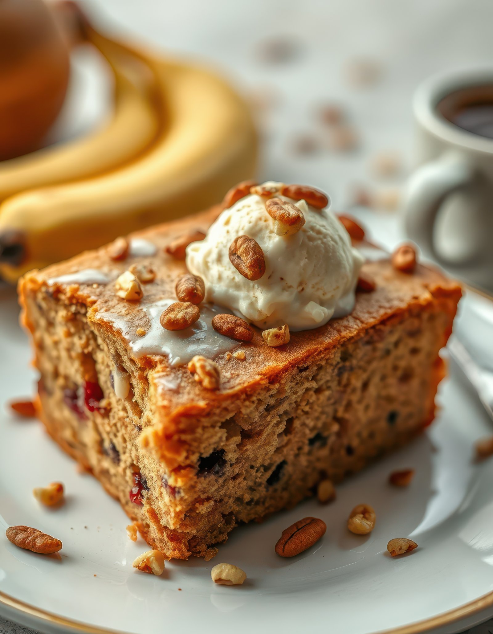 Deliciously moist banana cake topped with ice cream and nuts served on a decorative plate